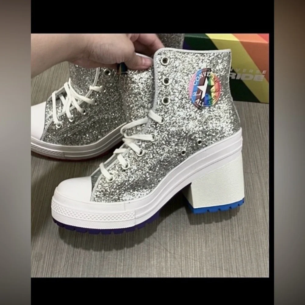 Converse Chuck 70 De Luxe Heel Pride High Top Silver Glitter Shoe Size 10.5 NWT